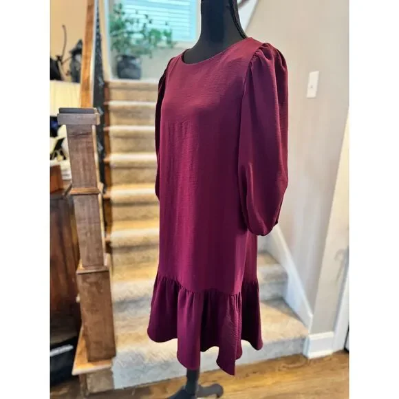 DKNY Plum Shift Dress Sz 6 Lined Ruffle Blubble Sleeve Romantic Date Night NWOT - Picture 2 of 6